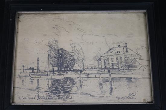 George Horton, three pencil drawings, On The Tees, On The Tyne and Schiedam, signed, 18 x 26cm